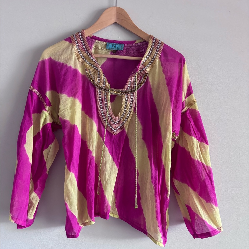 TAJ by Sabrina Crippa Pink and Cream Embellished Tunic Blouse